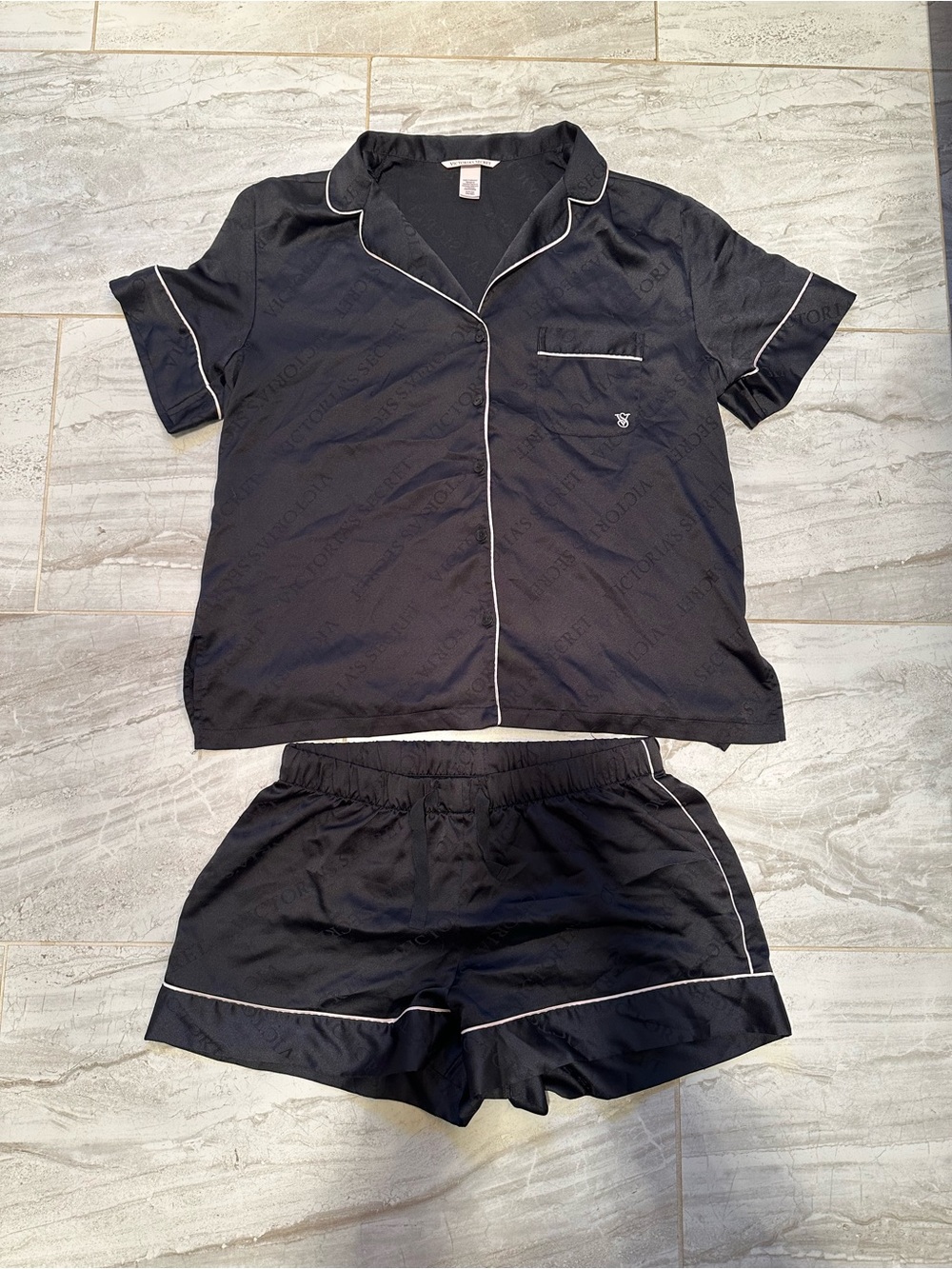 Victoria's Secret Black Two-Piece Short Sleeve Pajama Set with White Piping